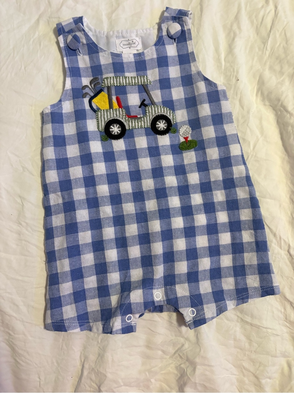 Muskie romper Blue and White Gingham Baby Romper with Golf Cart Applique